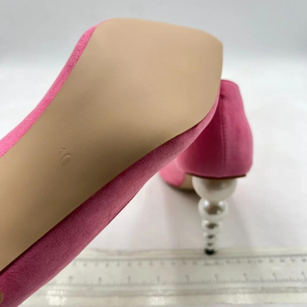 FSJ Pink Suede High Heels Pumps Pointed Toe Slip On Pearls Beaded Elegant Shoes - Picture 6 of 8